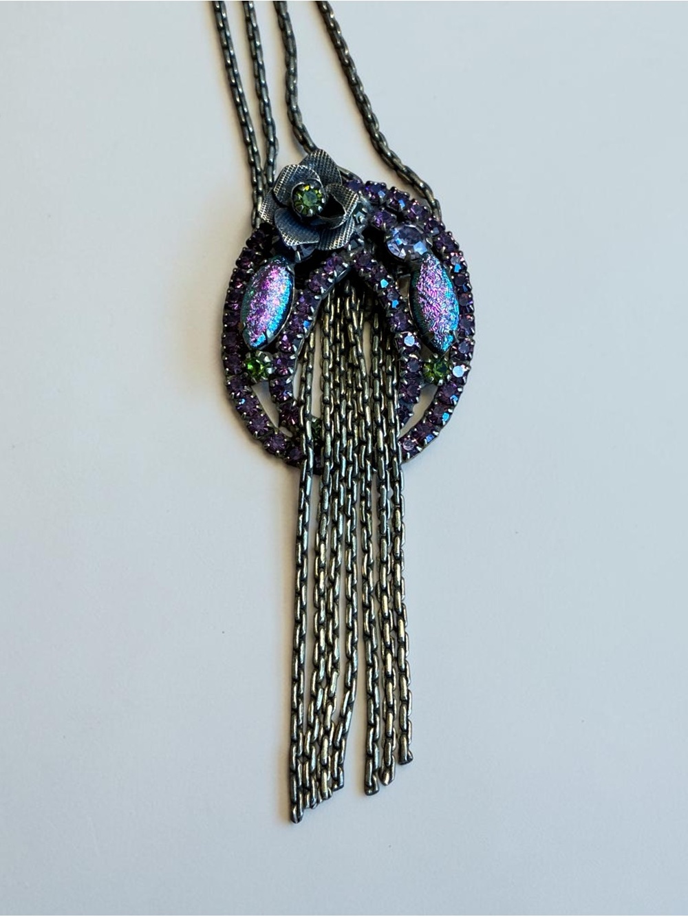 Unsigned Alice Caviness Waterfall Chain Purple Rhinestone Pendant Necklace